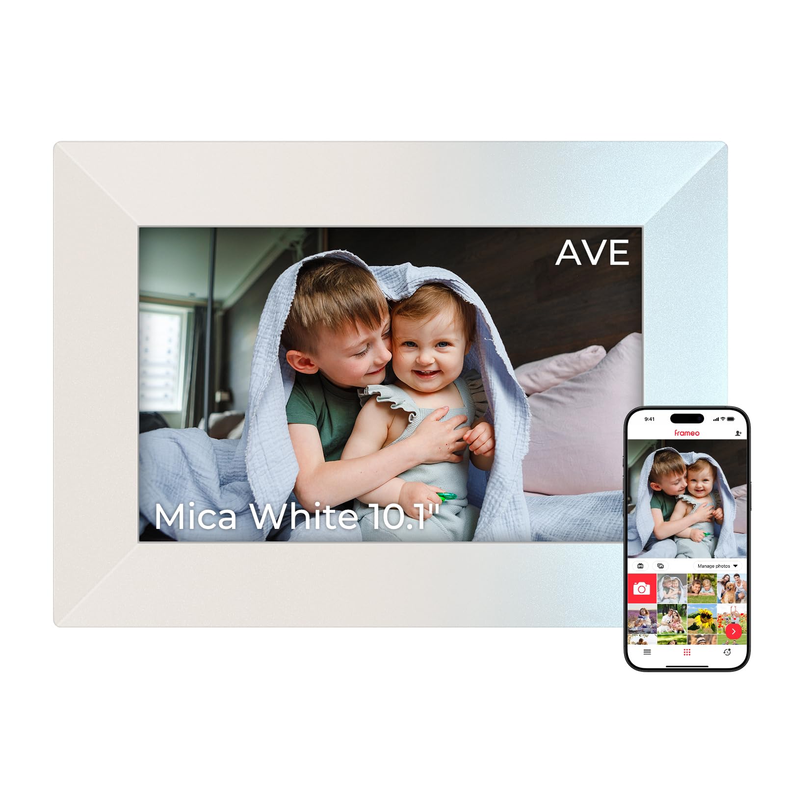 Apveelveer cadre photo numérique Frameo WiFi 10,1" tactile, blanc Mica — idée cadeau original