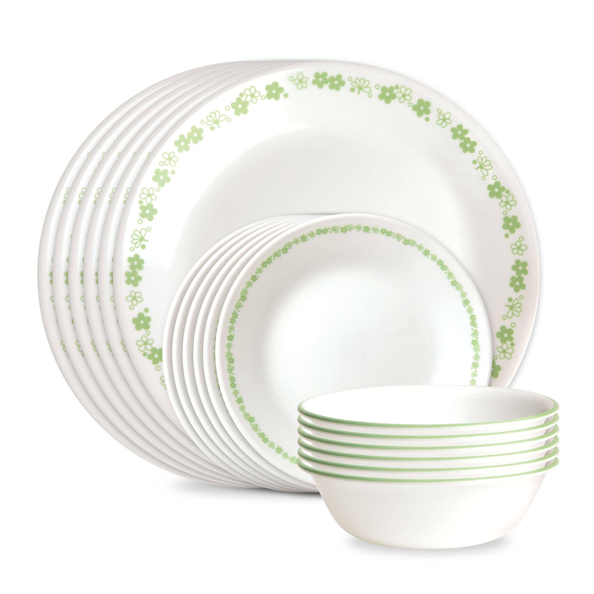 Corelle Vitrelle 18-Piece Glass Dinnerware Set, Service for 6 (Spring Blossom Green) — original gift idea