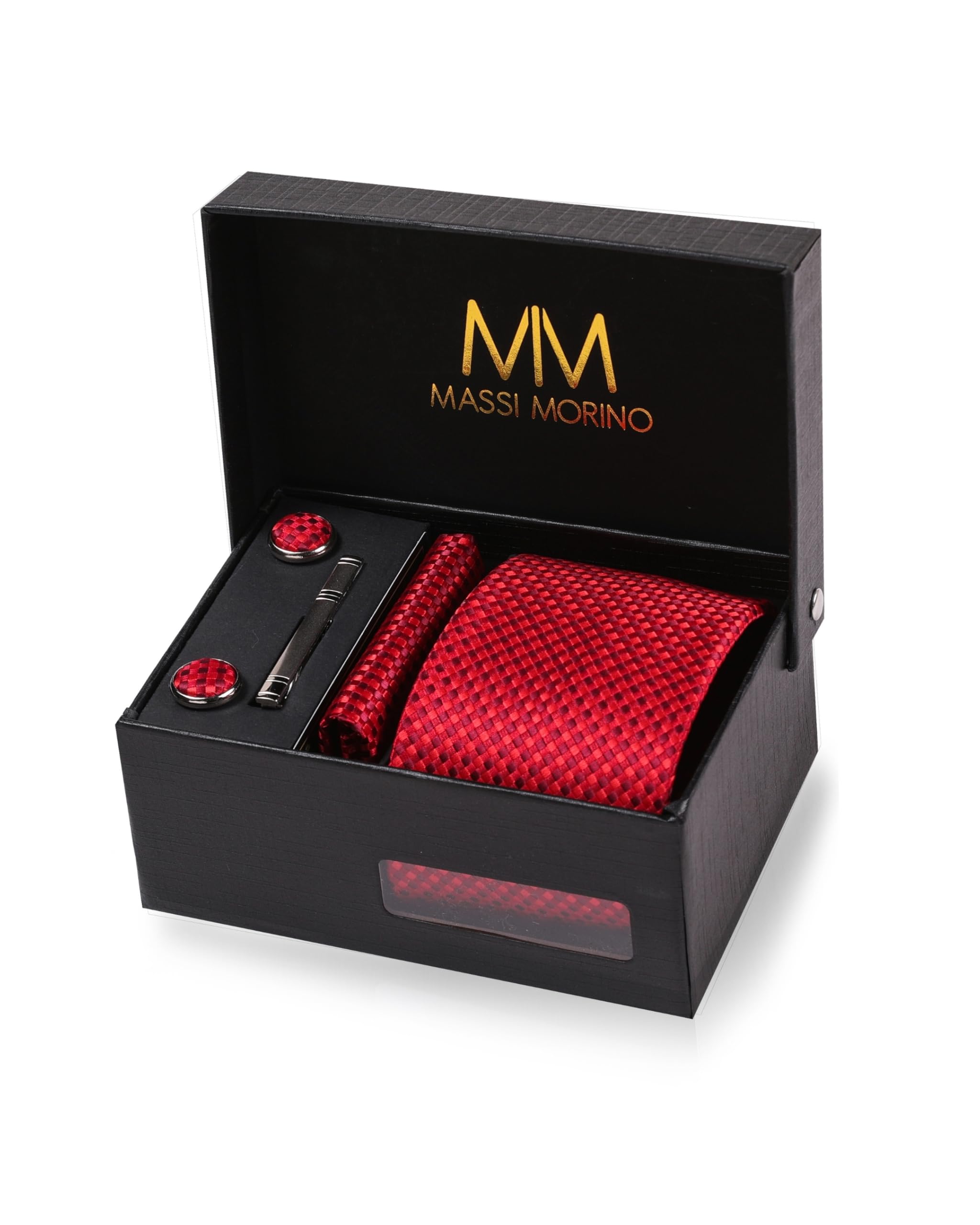 Le set cravate rose à carreaux Massi Morino, mouchoirs, boutons de manchette et pin's — idée cadeau original