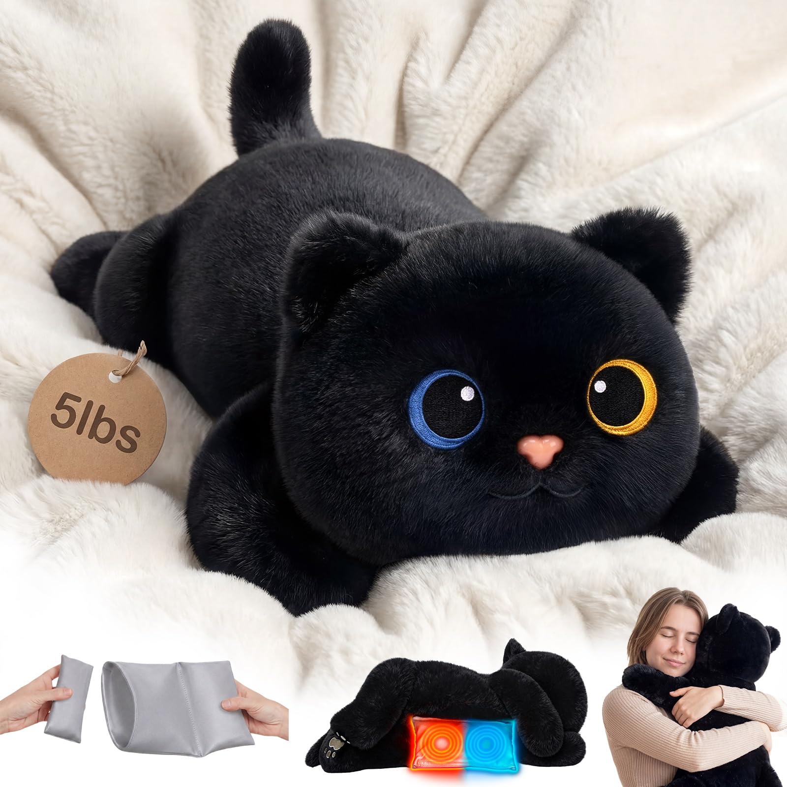 Mewaii Weighted Black Cat Plush, Heatable and Coolable — original gift idea