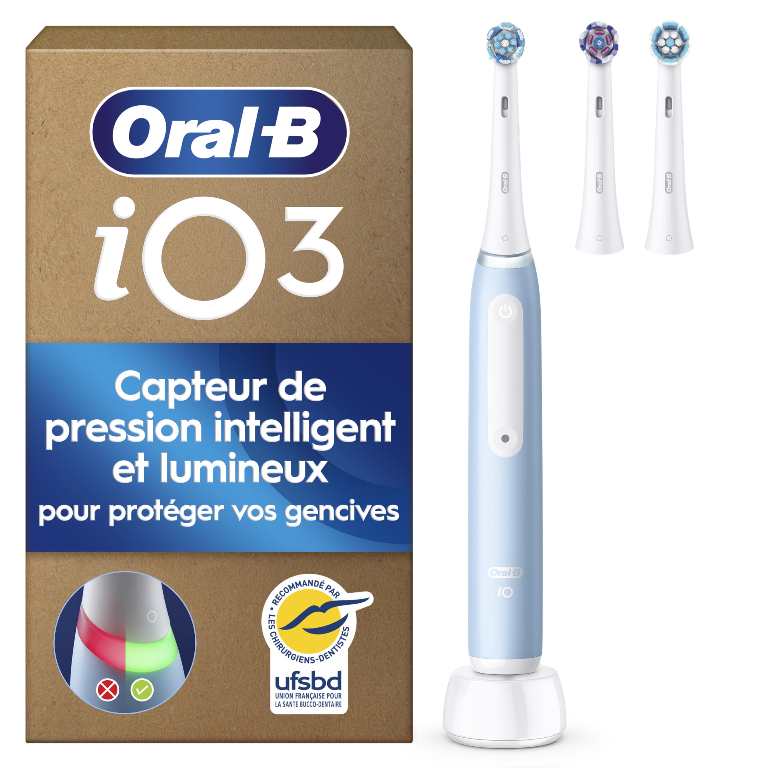 Oral-B iO 3, brosse à dents électrique avec 3 brossettes (bleue) — idée cadeau original