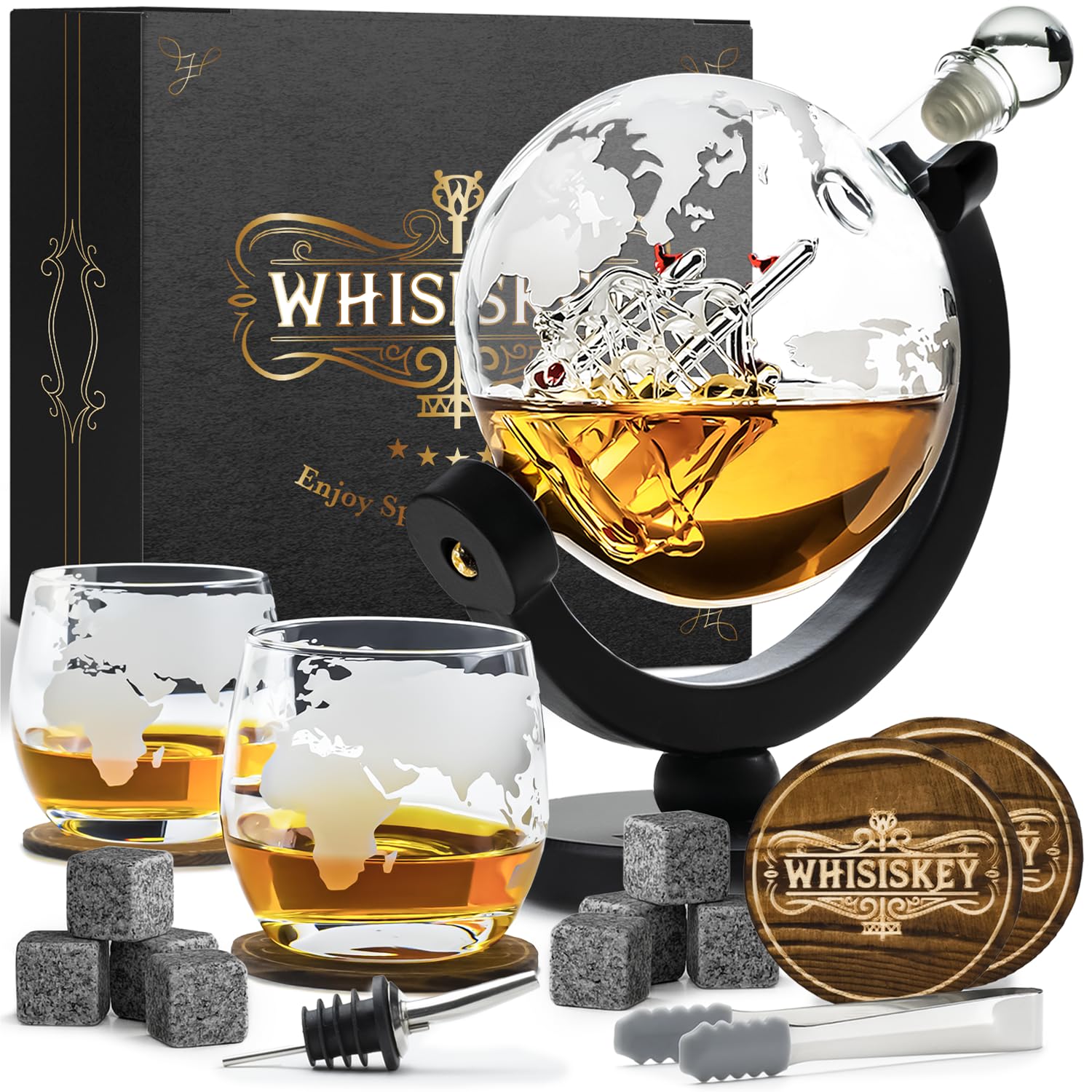 WHISISKEY carafe à whisky globe 900 ml, coffret avec 2 verres — idée cadeau original