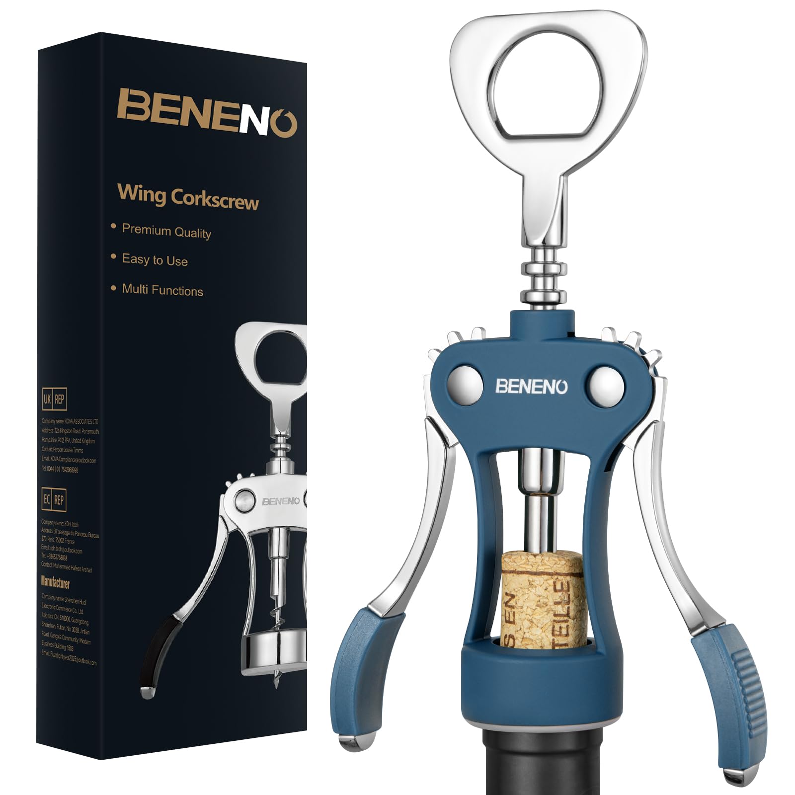 Beneno Wing Corkscrew Wine Opener, Blue — original gift idea