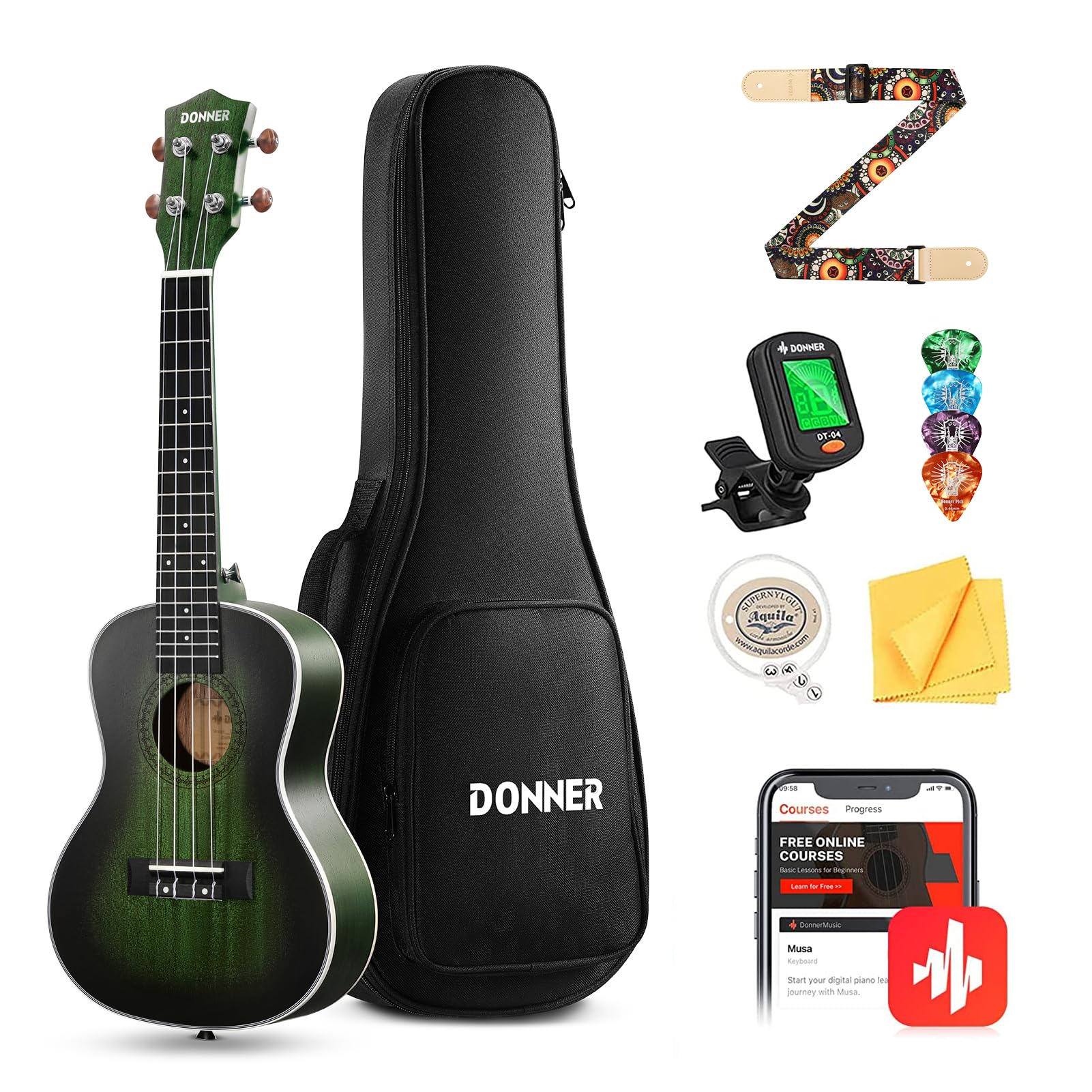 Donner DUC-200G 23-Inch Concert Ukulele Starter Bundle (Green) — original gift idea