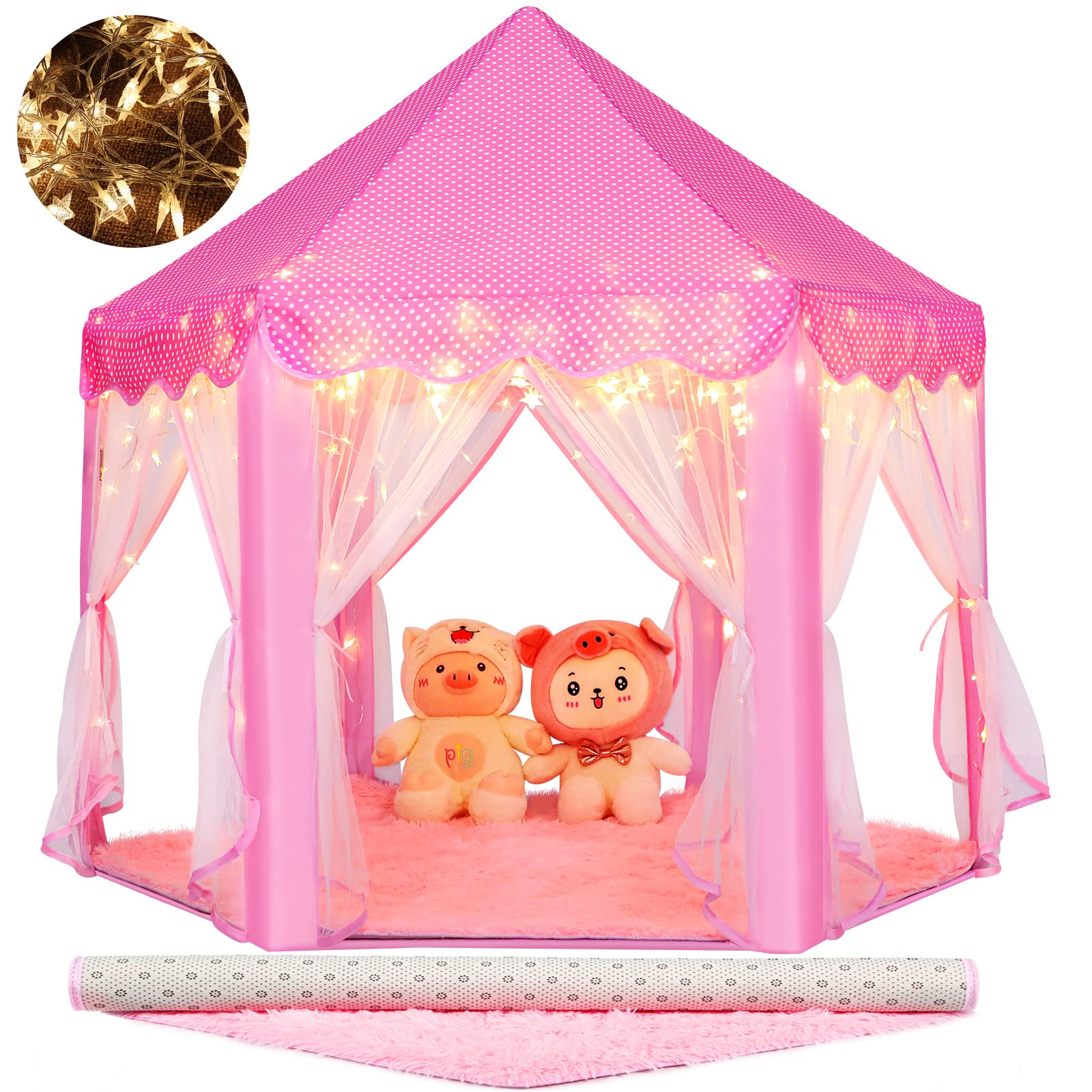Monobeach Princess Tent Girls Large Playhouse Kids Castle Play Tent with Star Lights, 55" x 53" (Pink Princess with Play Mat) — original gift idea