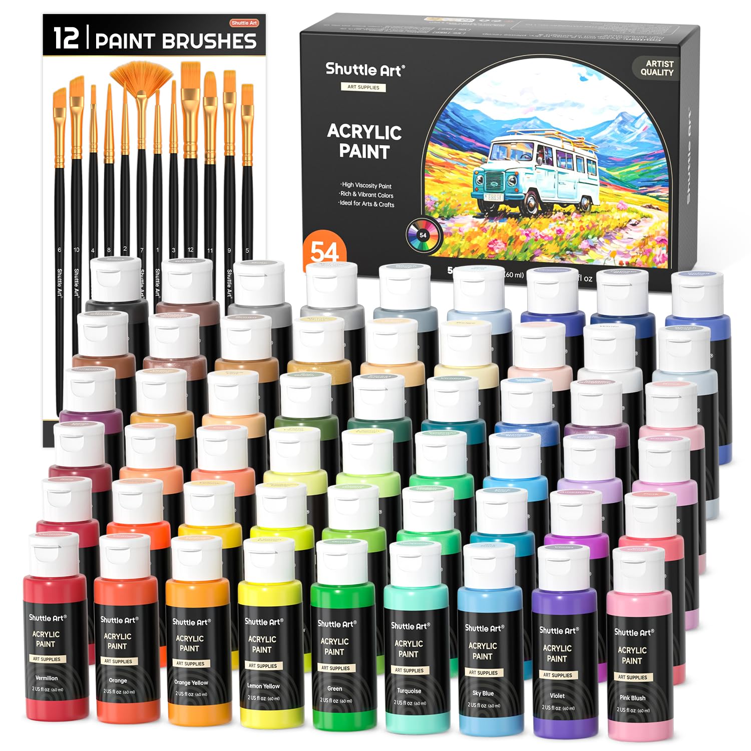 Shuttle Art 54 Colors Acrylic Paint Set with 12 Brushes — original gift idea