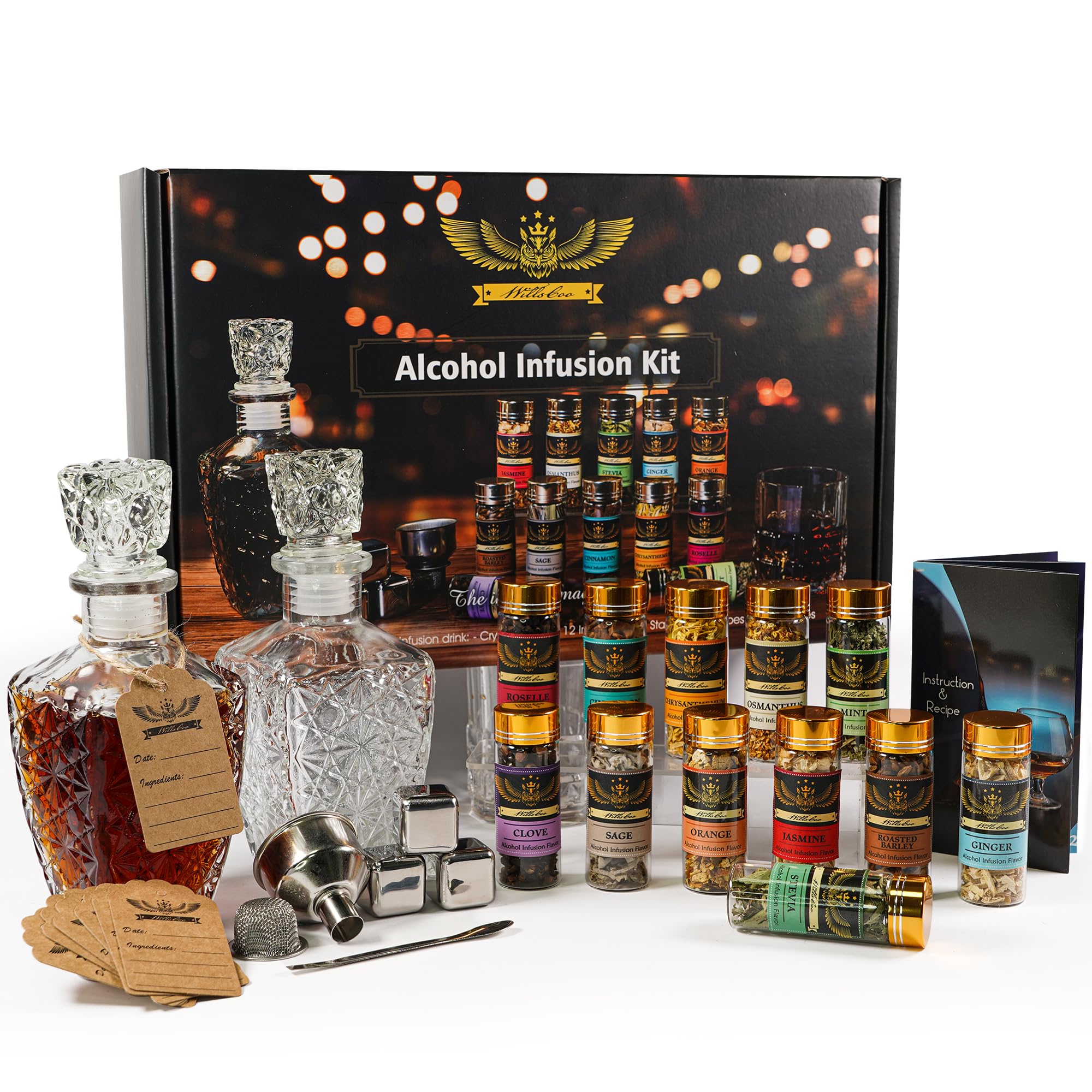 WillsCoo Alcohol Infusion Kit for Infusing Whiskey, Gin, Vodka, Tequila, Rum — original gift idea